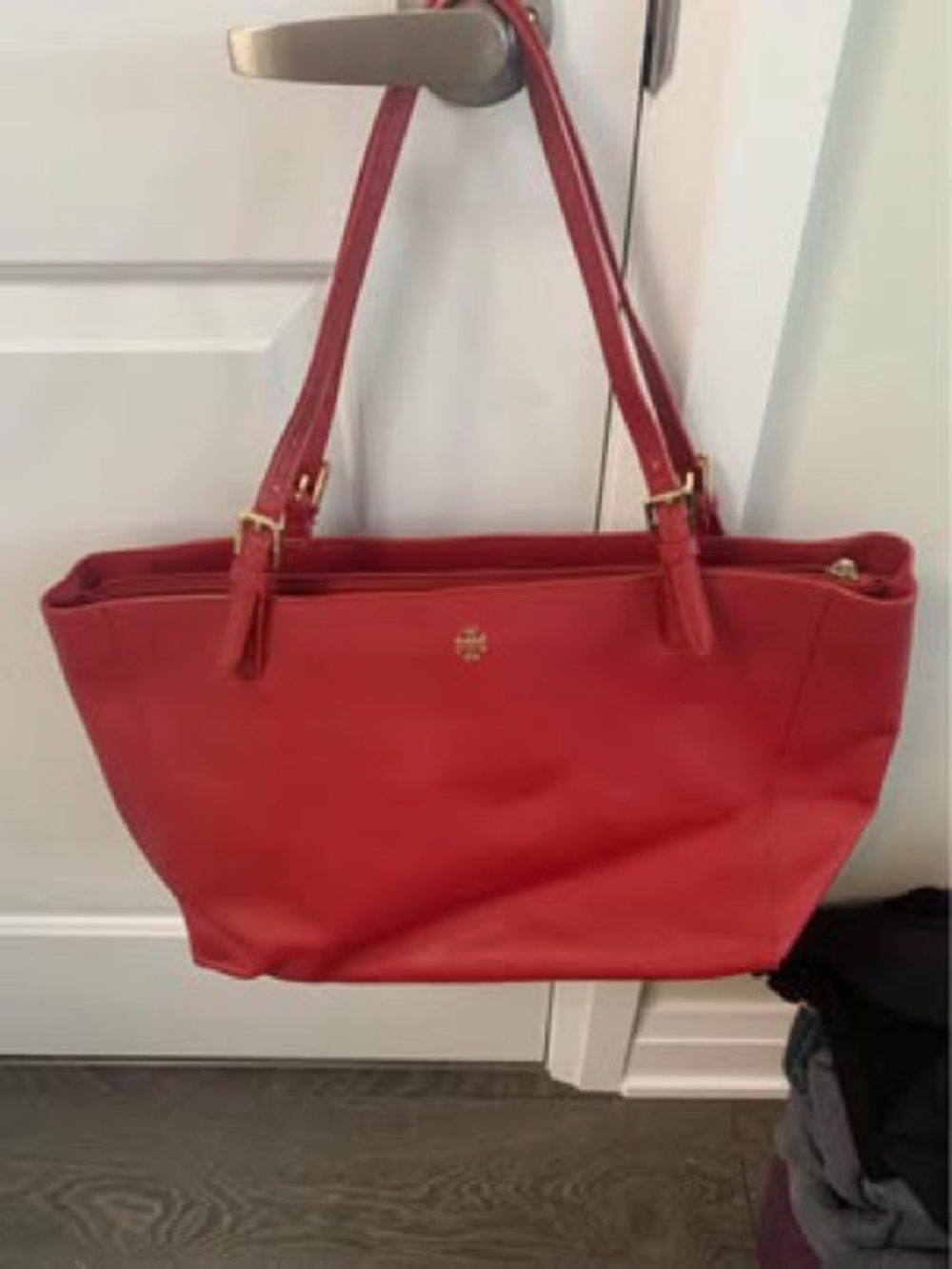Tory Burch Red Leather Shoulder Tote with Gold Logo